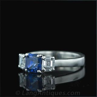 Square Cut Sapphire and Diamond Three Stone Ring