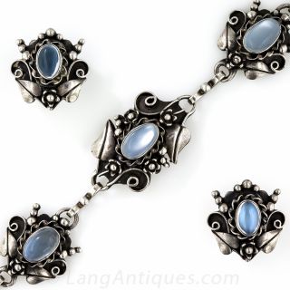Sterling and Moonstone Bracelet and Earrings Reminiscent of a Jensen Style