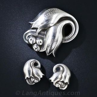 Sterling Georg Jensen Double Tulip Brooch and Earrings