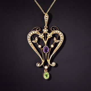 Suffragette Peridot, Amethyst and Seed Pearl Lavaliere - 1
