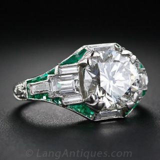 Superb 2.03 Carat Diamond and Calibre Emerald Art Deco Diamond Ring