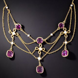 Swag Rhodolite Garnet and Pearl Necklace, Circa 1900   - 3