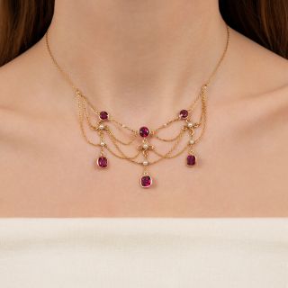 Swag Rhodolite Garnet and Pearl Necklace, Circa 1900  