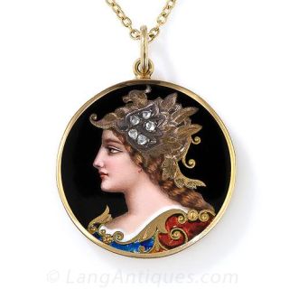 Swiss Enamel and Diamond Portrait Pendant