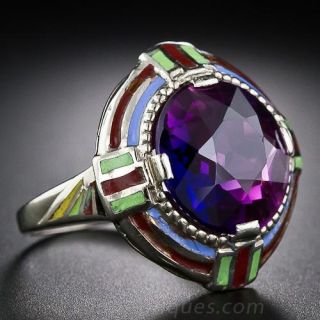 Synthetic Alexandrite-like Sapphire and Enamel Art Deco Ring