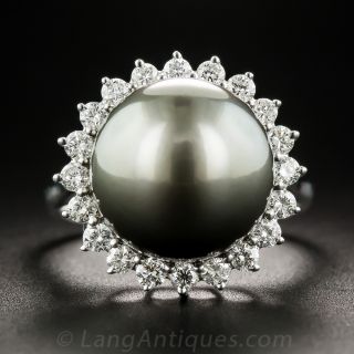 Tahitian Pearl and Diamond Halo Ring