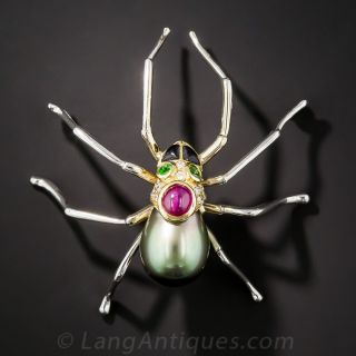 Tahitian Pearl and Gem-Set Spider Brooch