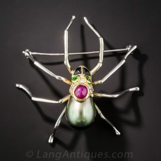 Tahitian Pearl and Gem-Set Spider Brooch