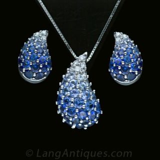 Tear Drop Motif Sapphire Earrings and Pendant Main View
