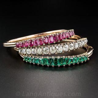 Victorian Diamond, Ruby and Emerald Matched Bangle Set