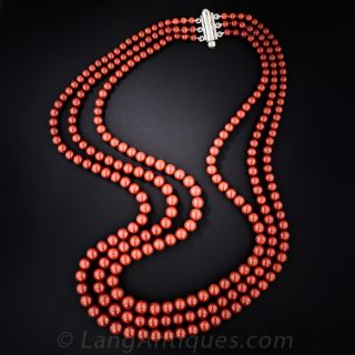 Three Strand Dark Red Coral Necklace