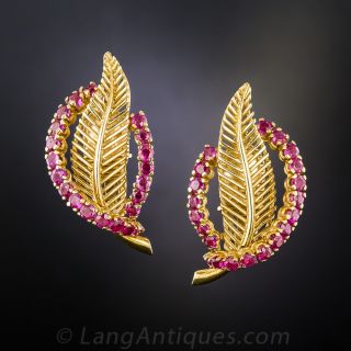 Tiffany 18K Ruby Leaf Earrings - 1