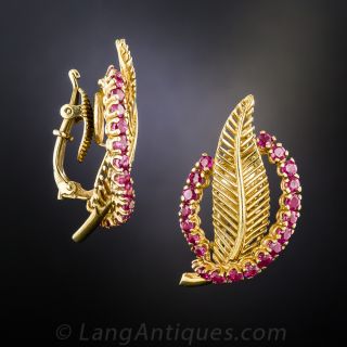 Tiffany 18K Ruby Leaf Clip Earrings