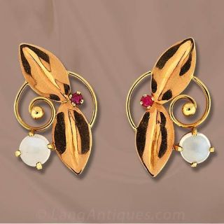Tiffany Retro Moonstone Ruby Earrings