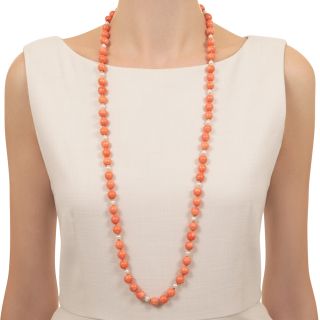 Tiffany & Co. Coral, Cultured Pearl and Gold Bead Necklace