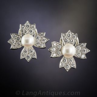 Tiffany & Co. Pearl and Diamond Floral Clip Earrings