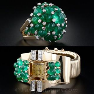 Trabert  & Hoeffer - Mauboussin Retro Emerald Bracelet  Watch and Cocktail Ring