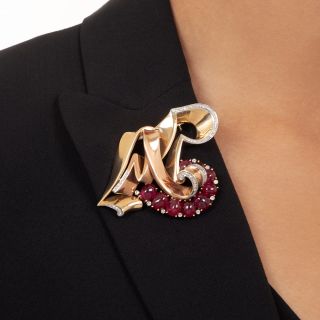 Trabert & Hoeffer-Mauboussin Retro Ruby and Diamond Brooch