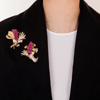 Trabert & Hoeffer Mauboussin Retro Ruby and Diamond Double Clip Brooch