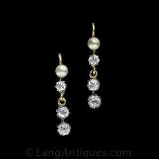 Diamond and Natural Pearl Drop Earrings Main View