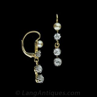 Turn of the Century Diamond and Natural Pearl Drop Earrings