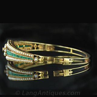Turn of the Century Emerald & Seed Pearl Bangle Bracelet