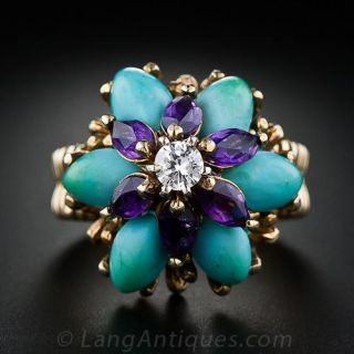 Turquoise, Amethyst and Diamond Turban Ring