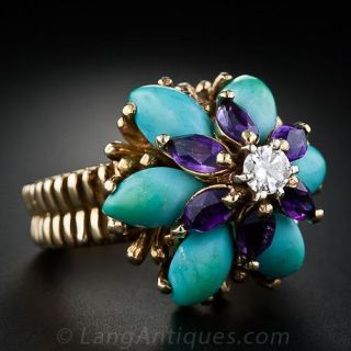 Turquoise, Amethyst and Diamond Turban Ring