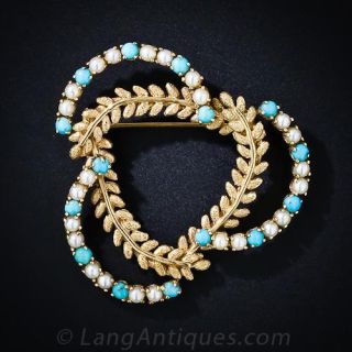 Turquoise and Pearl Trefoil Wreath Brooch