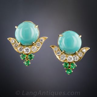 Turquoise, Diamond and Emerald Earrings