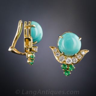 Turquoise, Diamond and Emerald Earrings