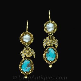 Turquoise  Natural Pearl   Diamond Earrings Main View