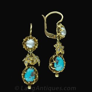 Turquoise, Natural Pearl & Diamond Earrings