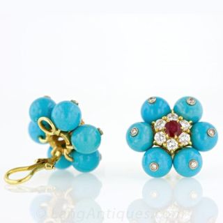 Turquoise Ruby and Diamond Earrings