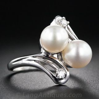 Twin Cultured Pearl and Diamond Estate Ring