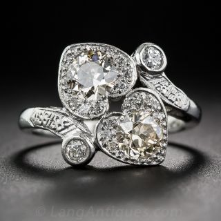 Twin-Heart Antique Platinum Diamond Ring