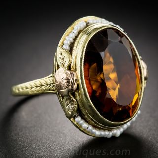 Two-Tone Gold Citrine and Seed Pearl Ring