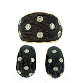 Van Cleef   Arpels Carved Wood and Diamond Earring and Ring Suite Main View