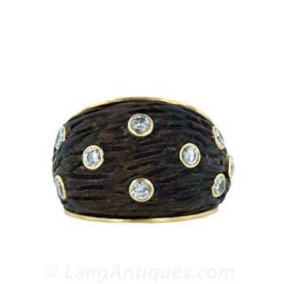 Van Cleef & Arpels Carved Wood and Diamond Earring and Ring Suite