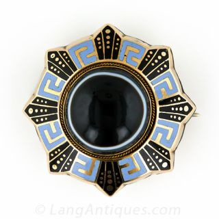 Victorian 15k Bull's-Eye Agate and Enamel Pin - 1
