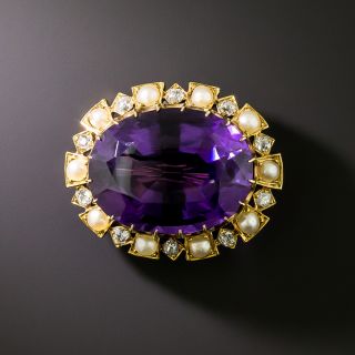 Victorian 18K Amethyst, Seed Pearl and Diamond Brooch - 2