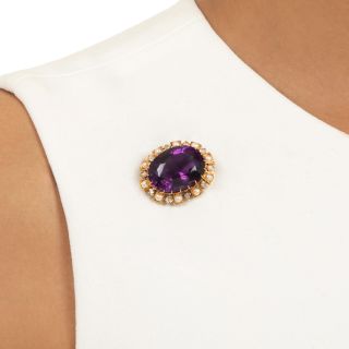 Victorian 18K Amethyst, Seed Pearl and Diamond Brooch