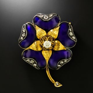 Victorian 18K Blue Enamel and Diamond Flower Brooch - 2