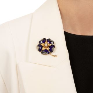Victorian 18K Blue Enamel and Diamond Flower Brooch