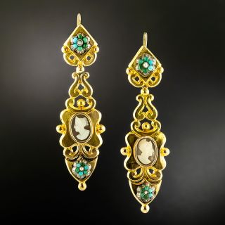 Victorian 18K Cameo and Turquoise Drop Earrings - 2
