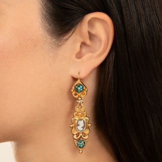Victorian 18K Cameo and Turquoise Drop Earrings
