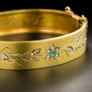 Victorian 15K  Emerald And Rose-Cut Diamond Bangle - 2