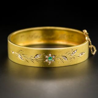 Victorian 18K  Emerald And Rose-Cut Diamond Bangle