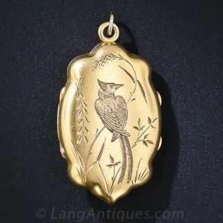 Victorian 18k Locket with Bird of Paradise Engraving