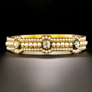 Victorian 18K Natural Pearl and Diamond Bangle Bracelet - 2
